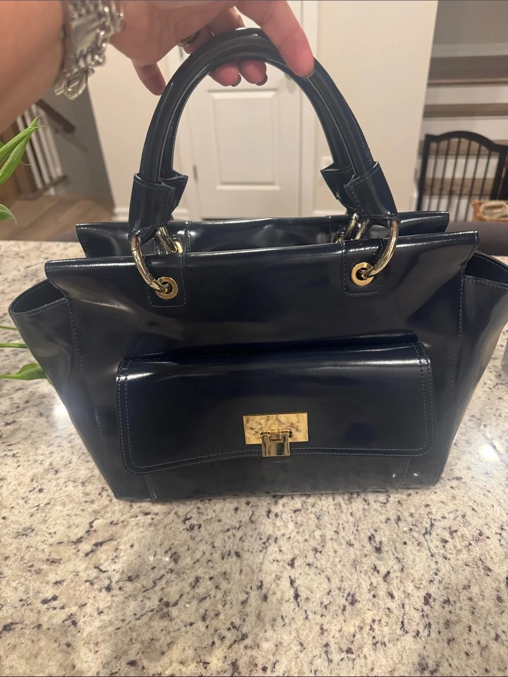 Italian Navy Blue Patent Leather Satchel Handbag with Gold Hardware